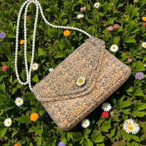 Anthropologie Velvet  Printed Crossbody Bag with Pearl Strap Brooch Detail